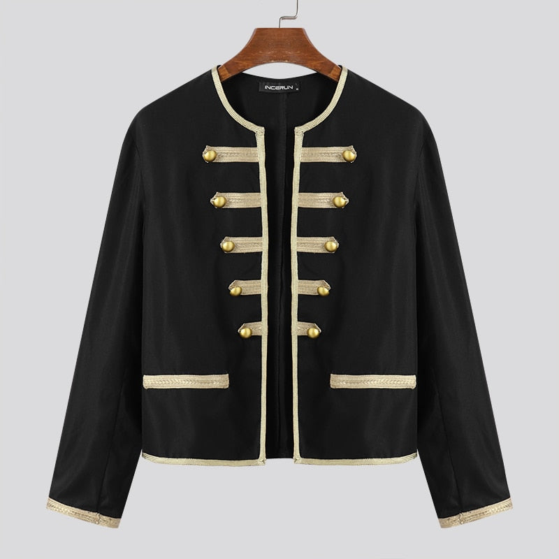 Vestes col rond à manches longues, Streetwear ouvert, Patchwork Vintage élégant mince manteaux hommes