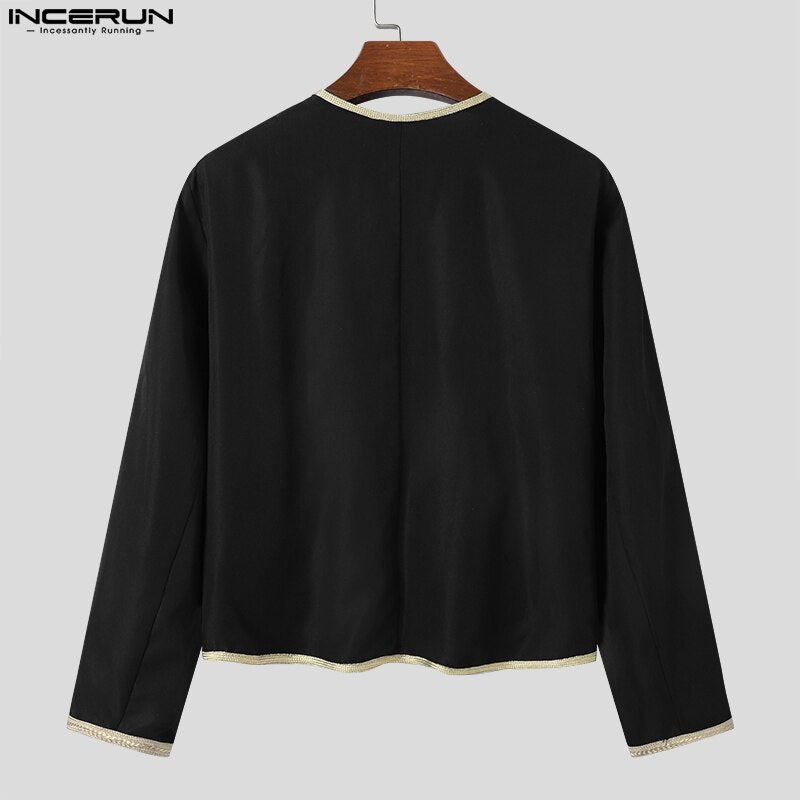 Vestes col rond à manches longues, Streetwear ouvert, Patchwork Vintage élégant mince manteaux hommes