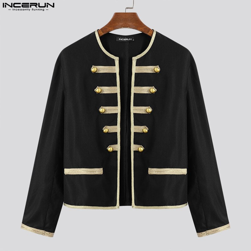 Vestes col rond à manches longues, Streetwear ouvert, Patchwork Vintage élégant mince manteaux hommes