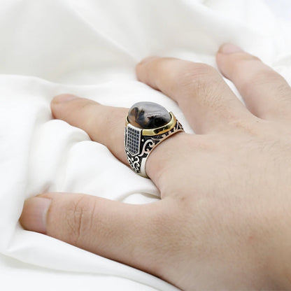 Bague argent 925 avec zircon bleu et pierre d'agate élégante.