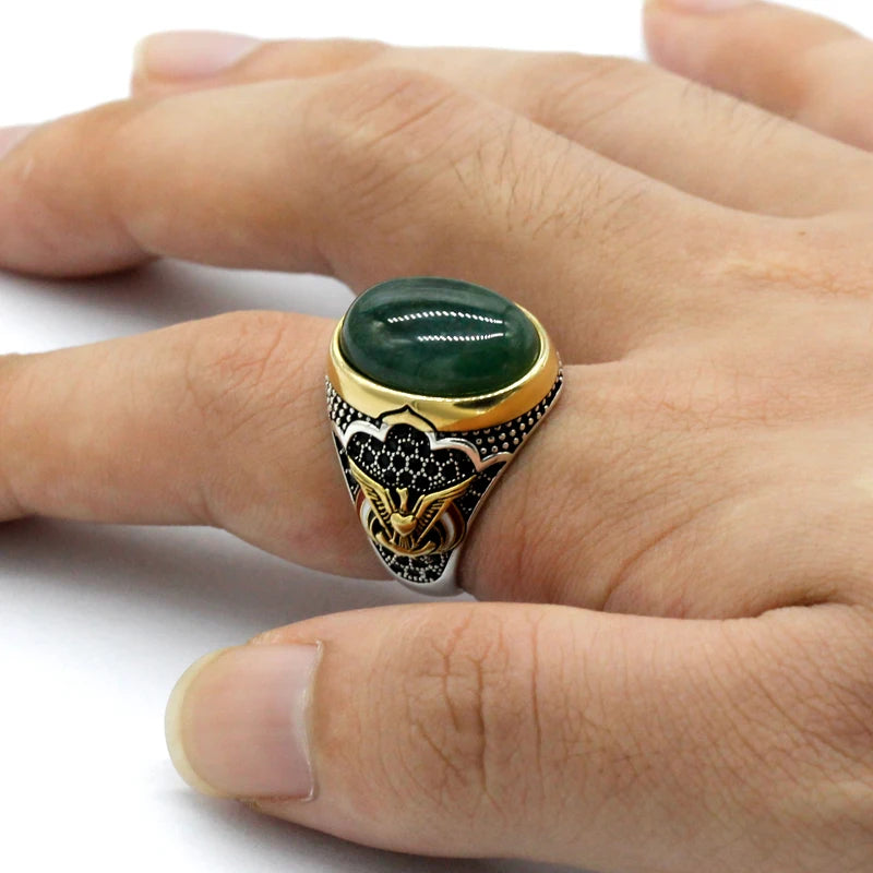 Bague homme argent 925 élégante avec pierre d'agate verte.