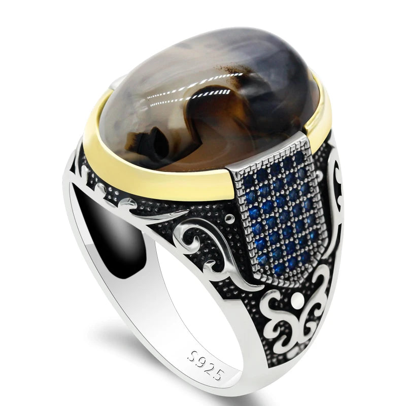 Bague argent 925 avec zircon bleu et pierre d'agate élégante.