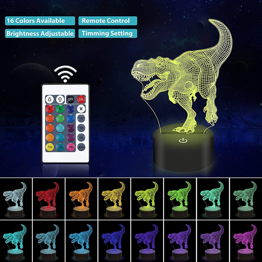 Lampe LED 3D série dinosaures, veilleuse avec télécommande.