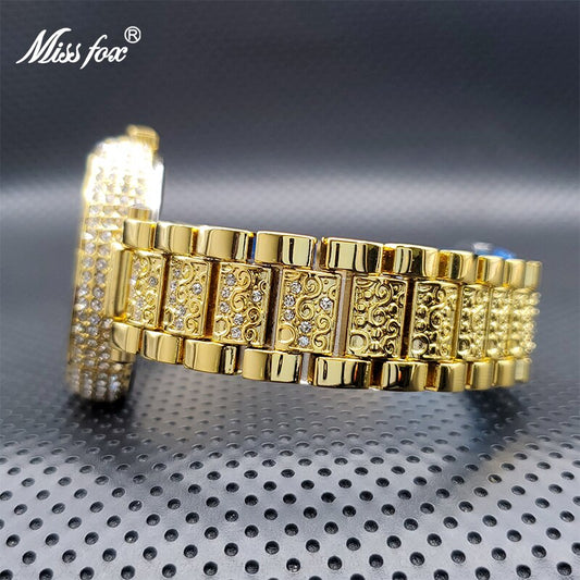 Montre de luxe en or pour femmes brillante avec diamant étanche robe léopard.