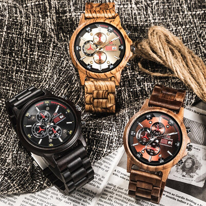 Montre en bois de luxe multifonction pour hommes,affichage de la date.