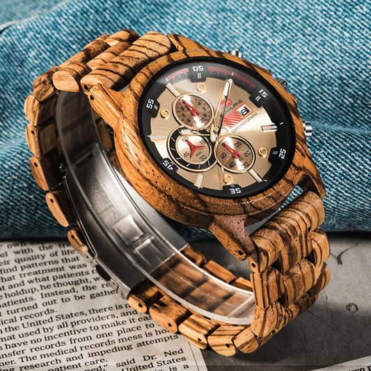 Montre en bois de luxe multifonction pour hommes,affichage de la date.