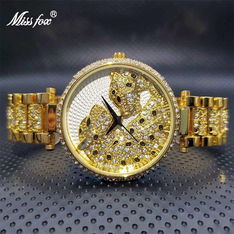 Montre de luxe en or pour femmes brillante avec diamant étanche robe léopard.