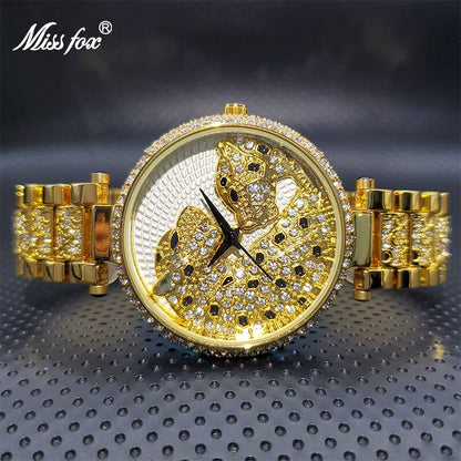Montre de luxe en or pour femmes brillante avec diamant étanche robe léopard.