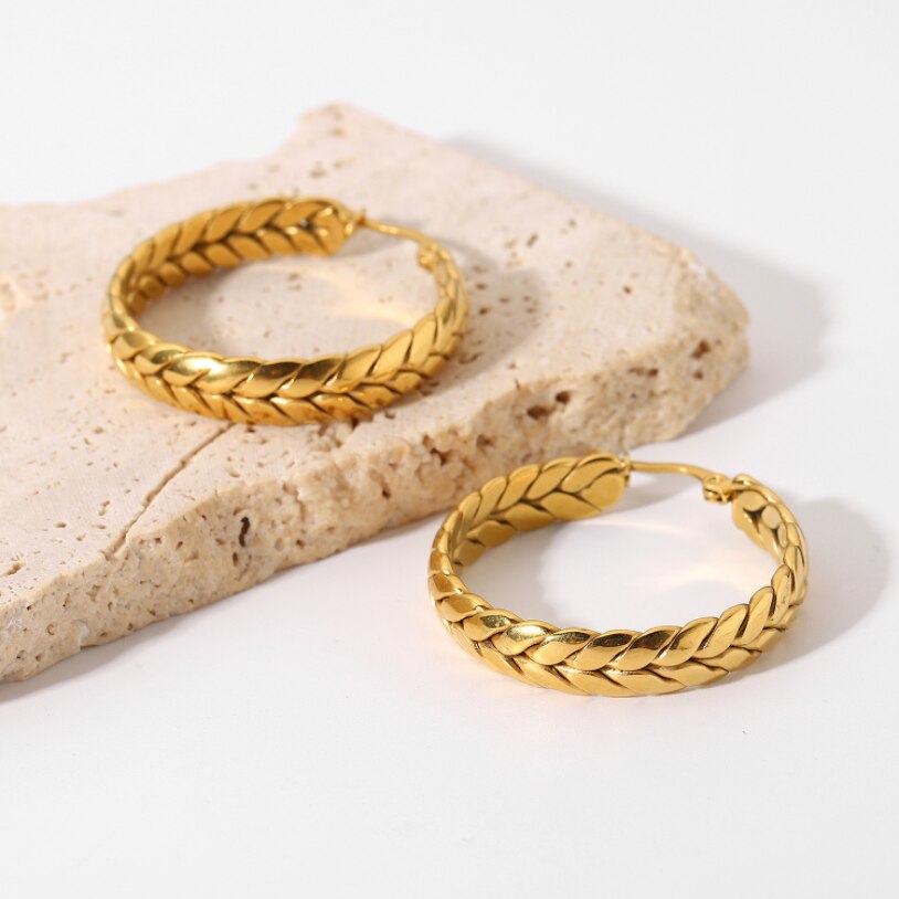 Boucles d'oreilles créoles en acier inoxydable pour femme, bijoux fins, forme d'oreille de blé, cercle entrelacé.