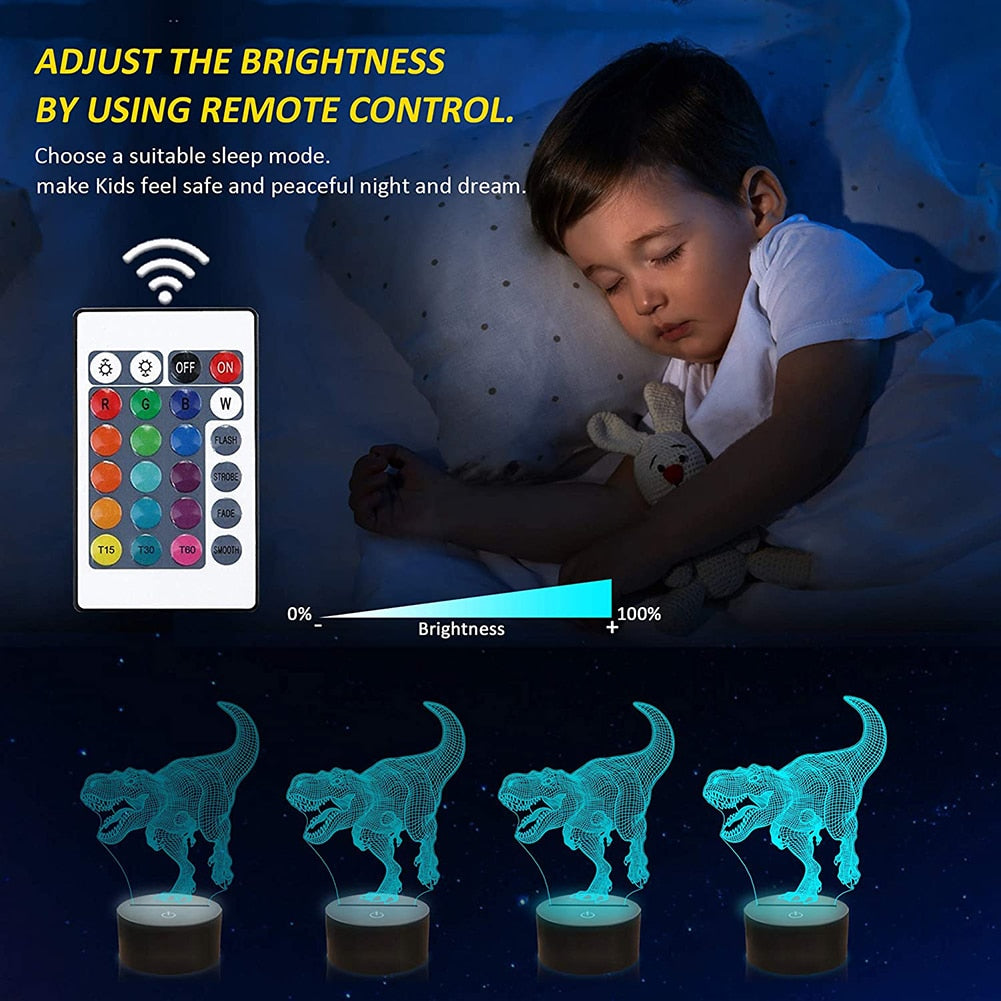 Lampe LED 3D série dinosaures, veilleuse avec télécommande.