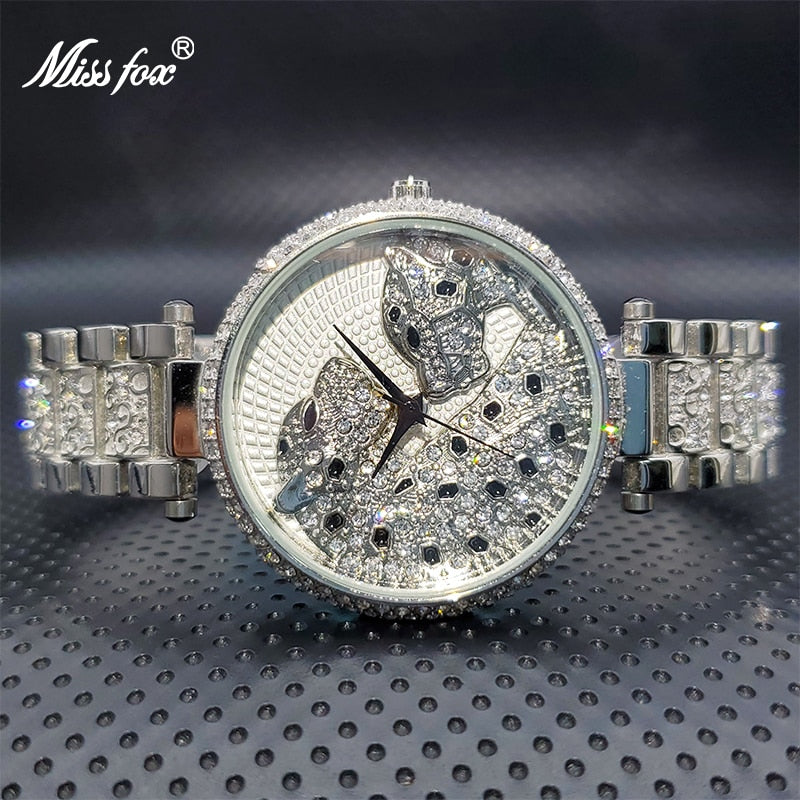 Montre de luxe en or pour femmes brillante avec diamant étanche robe léopard.
