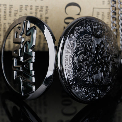 Montre de poche à quartz noire sculptée creuse collier classique.