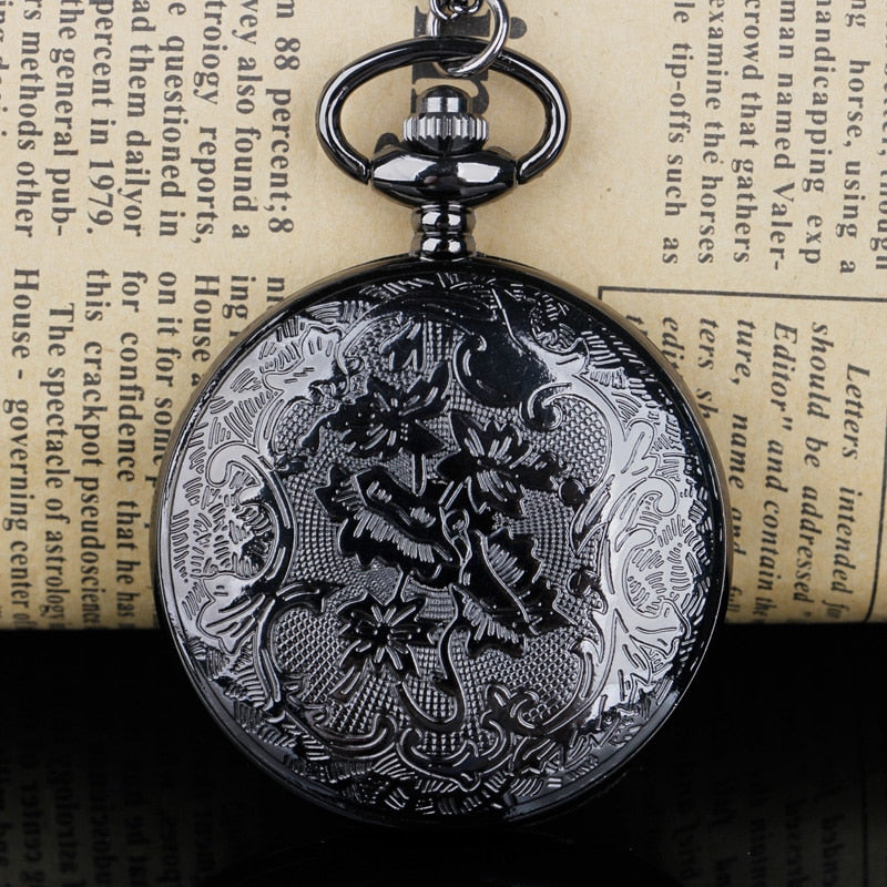 Montre de poche à quartz noire sculptée creuse collier classique.