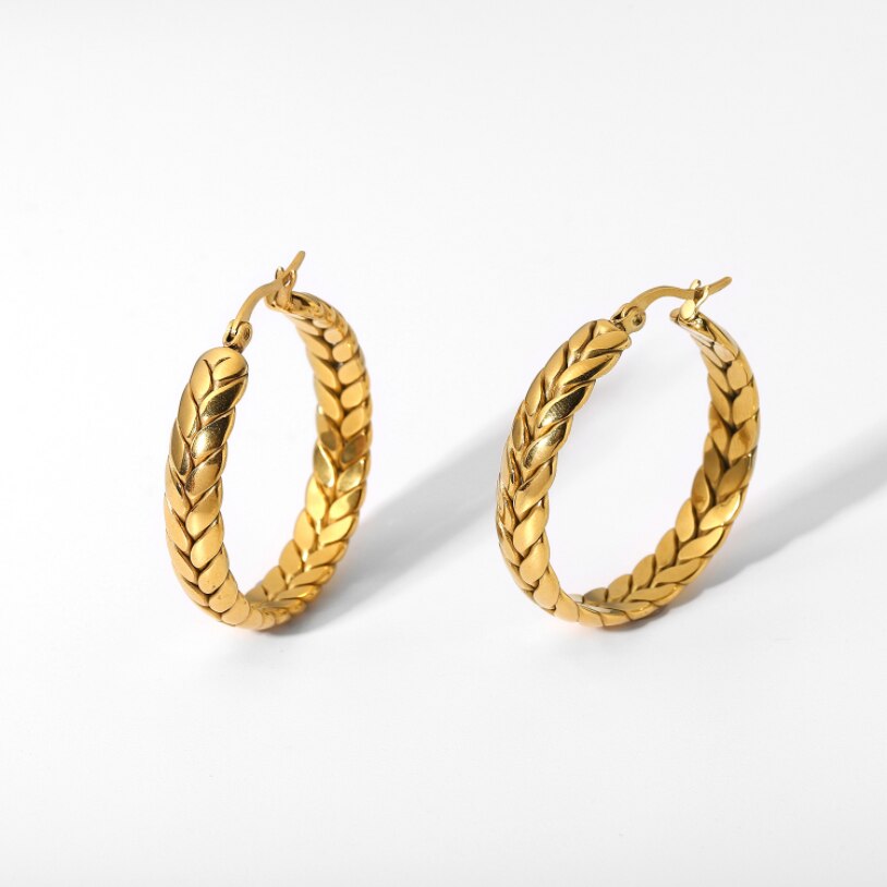 Boucles d'oreilles créoles en acier inoxydable pour femme, bijoux fins, forme d'oreille de blé, cercle entrelacé.