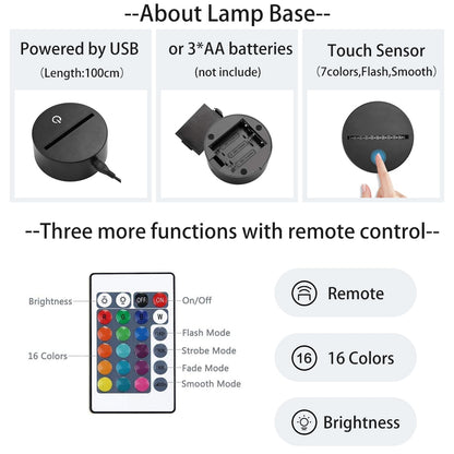 Lampe à LED 3D avec et sans télécommande.