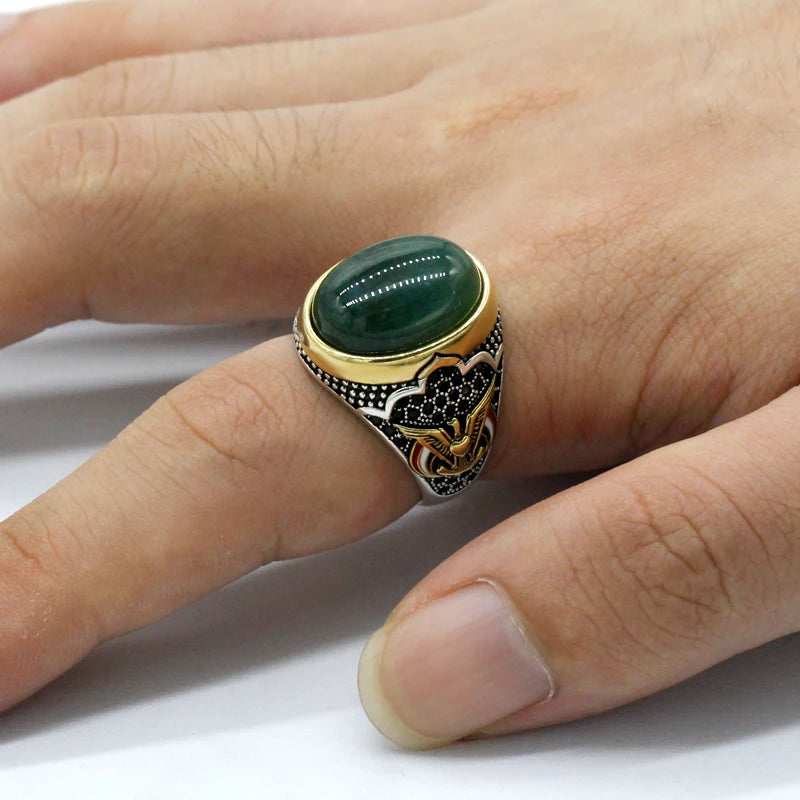 Bague homme argent 925 élégante avec pierre d'agate verte.