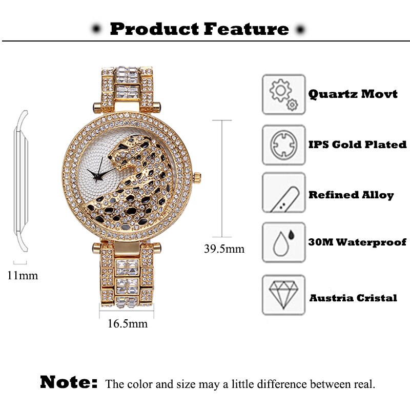 Montre tigre luxe élégante pour femmes étanche antichoc dorée.