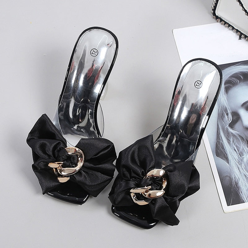 Pantoufles transparentes pour femmes, sandales de styliste avec nœud papillon.