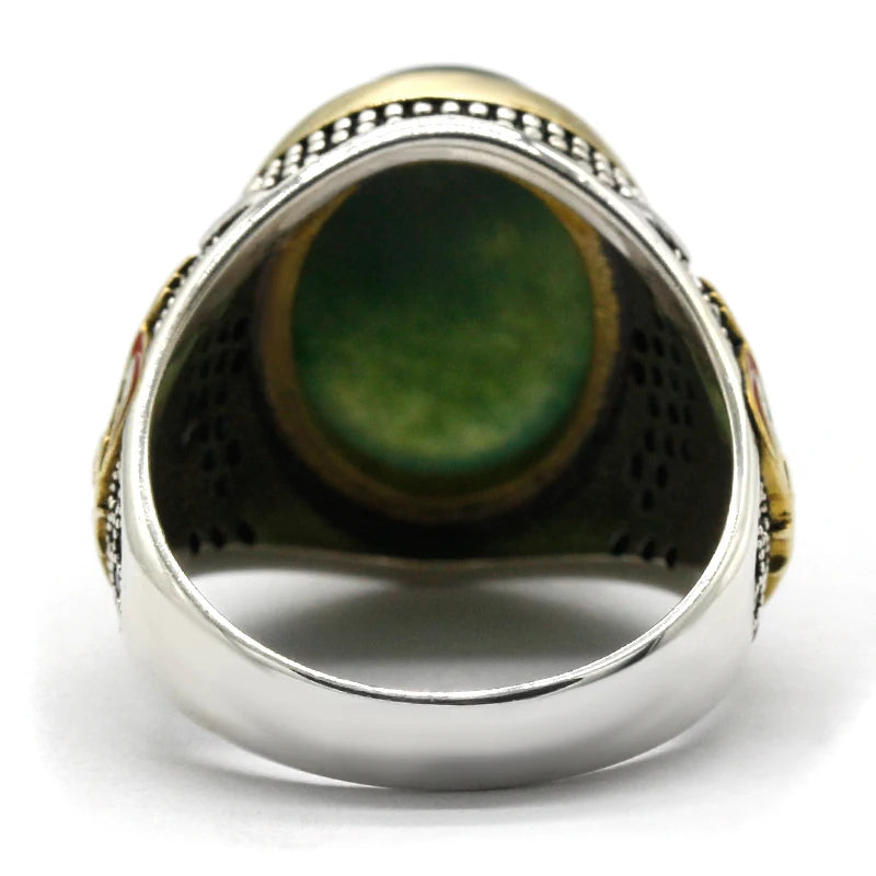 Bague homme argent 925 élégante avec pierre d'agate verte.