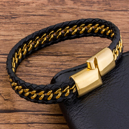 Bracelet en cuir véritable pour hommes,tissée,bracelets magnétiques en acier inoxydable.