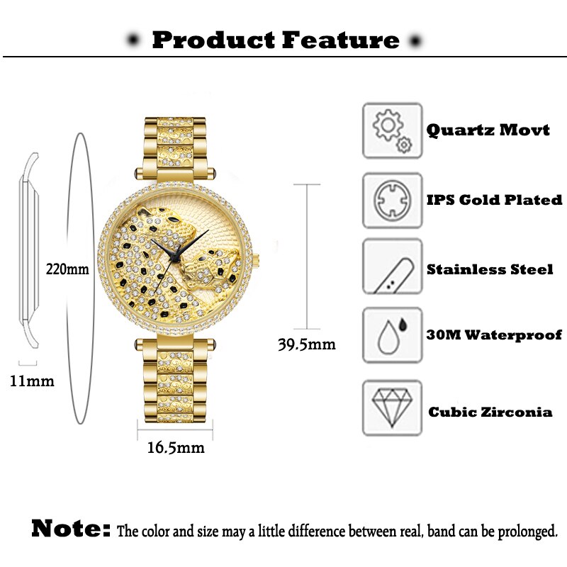 Montre de luxe en or pour femmes brillante avec diamant étanche robe léopard.