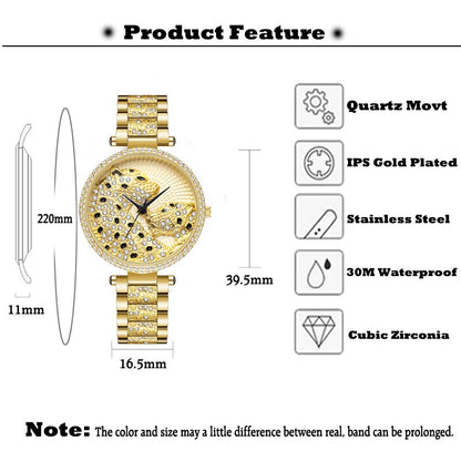 Montre de luxe en or pour femmes brillante avec diamant étanche robe léopard.