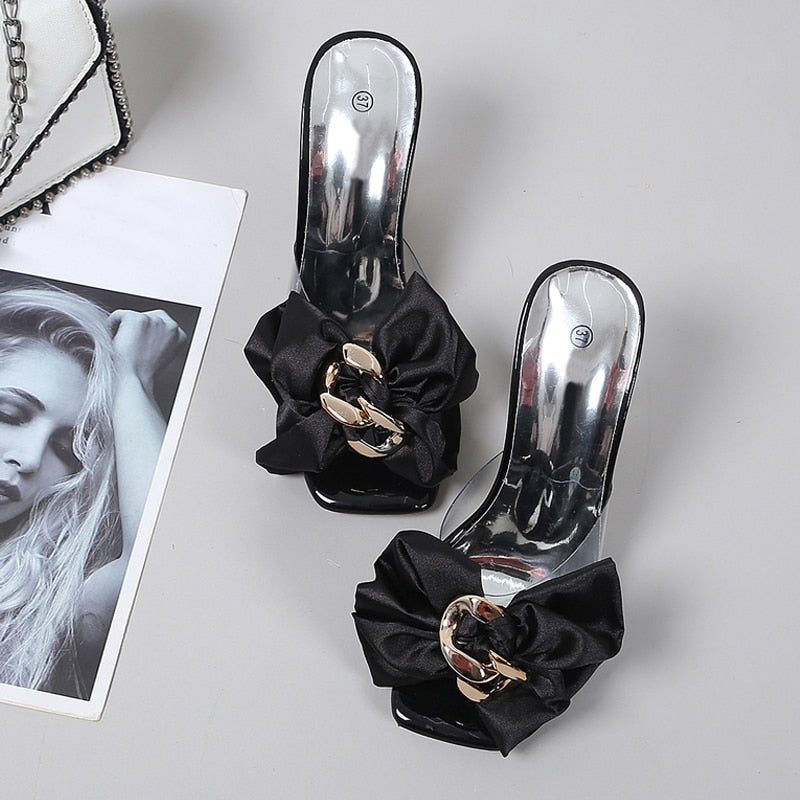 Pantoufles transparentes pour femmes, sandales de styliste avec nœud papillon.