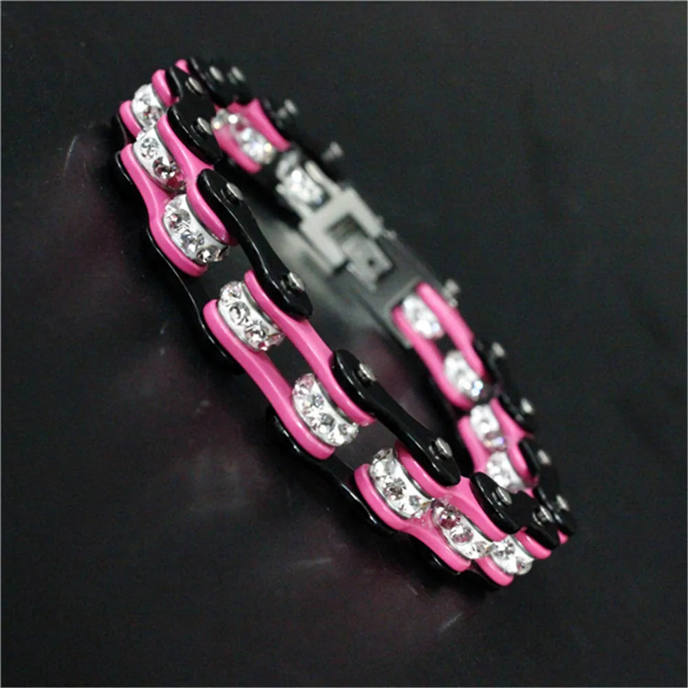 Bracelet élégant chaîne de vélo rose en acier inoxydable.