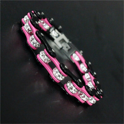 Bracelet élégant chaîne de vélo rose en acier inoxydable.