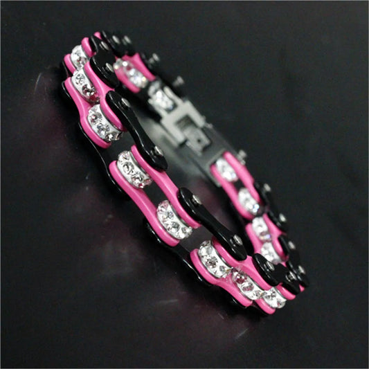 Bracelet élégant chaîne de vélo rose en acier inoxydable.