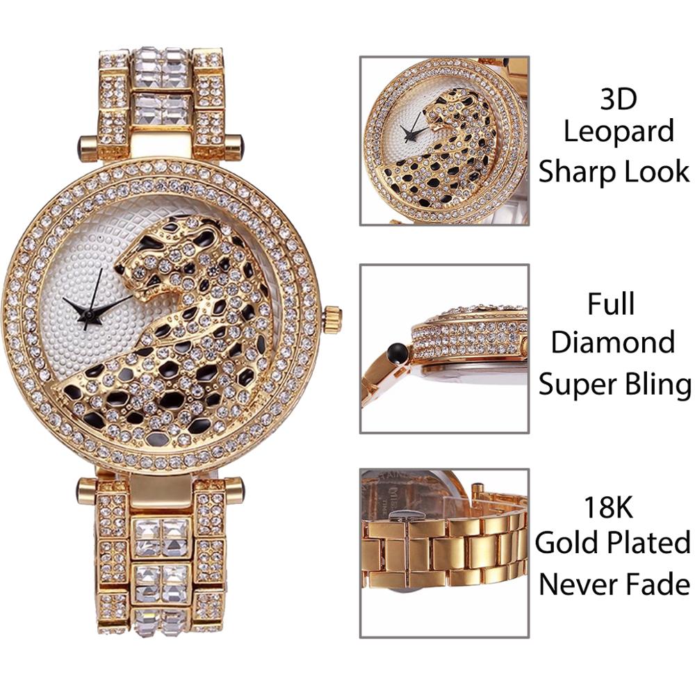 Montre tigre luxe élégante pour femmes étanche antichoc dorée.