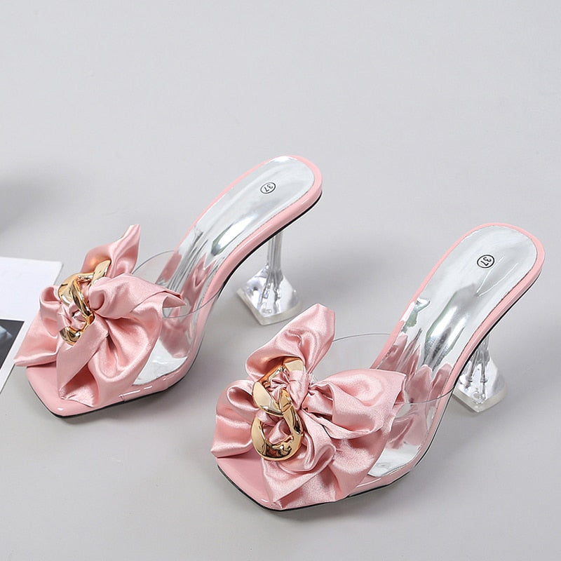 Pantoufles transparentes pour femmes, sandales de styliste avec nœud papillon.