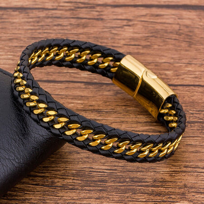 Bracelet en cuir véritable pour hommes,tissée,bracelets magnétiques en acier inoxydable.