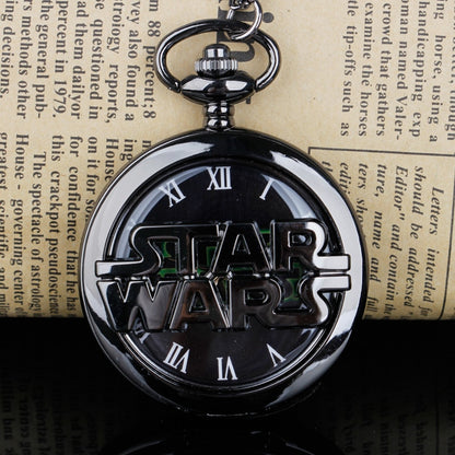 Montre de poche à quartz noire sculptée creuse collier classique.