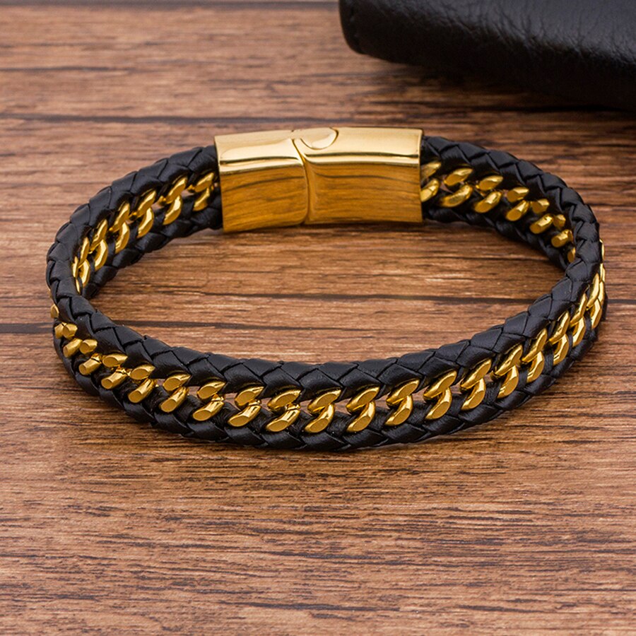 Bracelet en cuir véritable pour hommes,tissée,bracelets magnétiques en acier inoxydable.