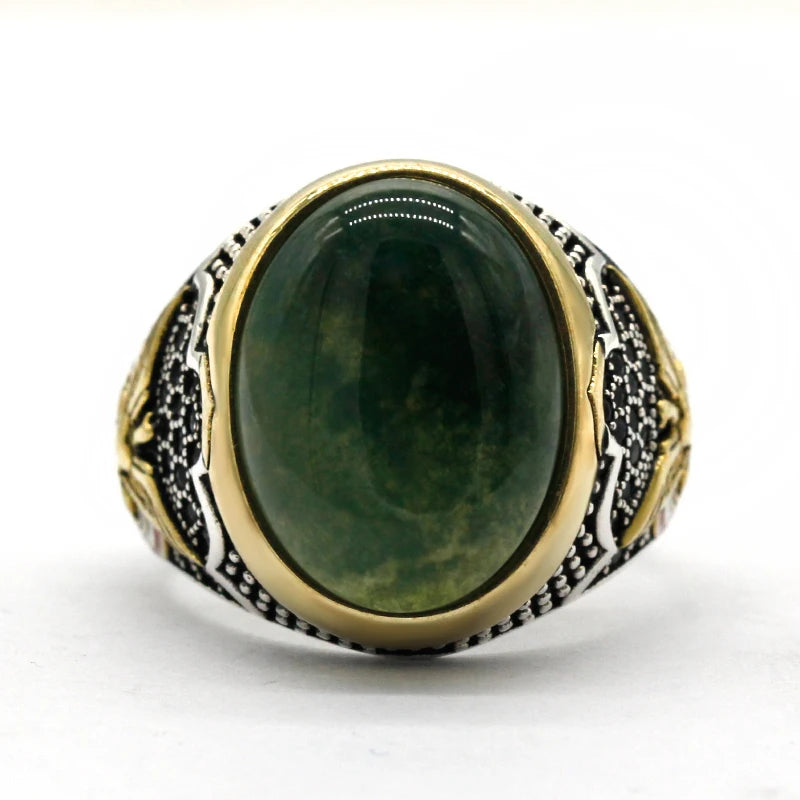 Bague homme argent 925 élégante avec pierre d'agate verte.