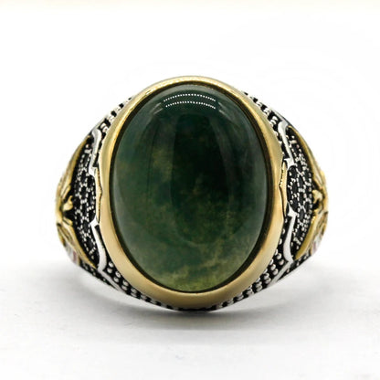 Bague homme argent 925 élégante avec pierre d'agate verte.