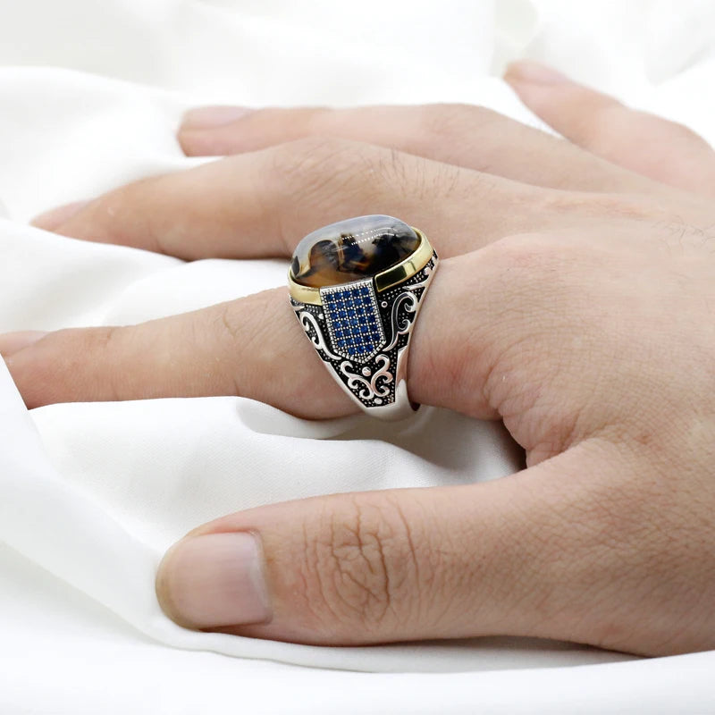 Bague argent 925 avec zircon bleu et pierre d'agate élégante.