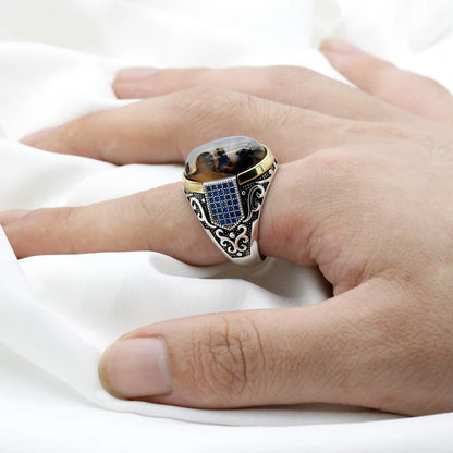 Bague argent 925 avec zircon bleu et pierre d'agate élégante.
