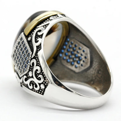 Bague argent 925 avec zircon bleu et pierre d'agate élégante.