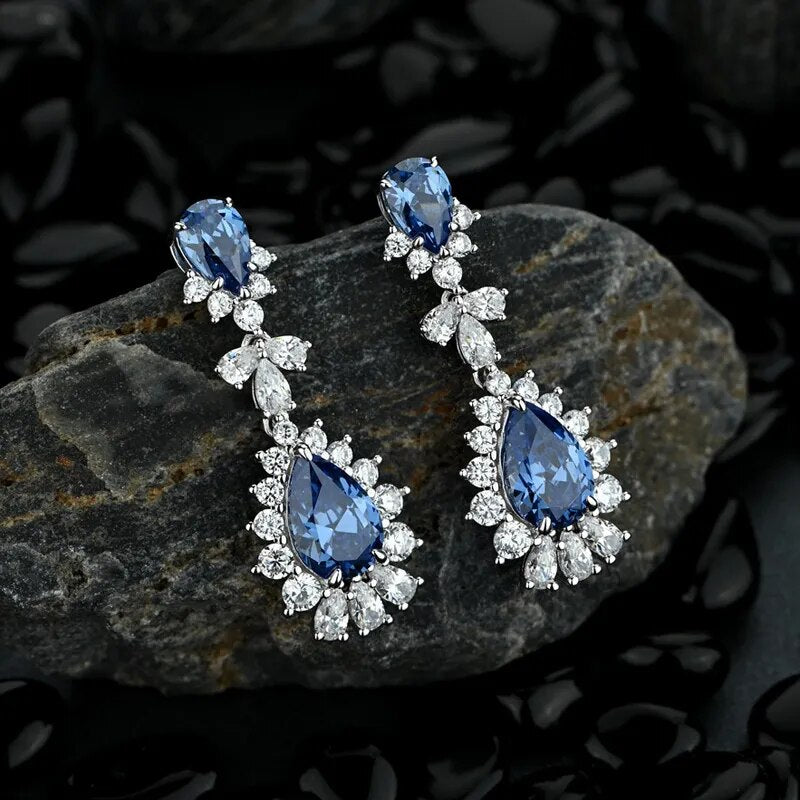 Boucles d'oreilles goutte d'eau saphir en Argent 100% pour femmes.
