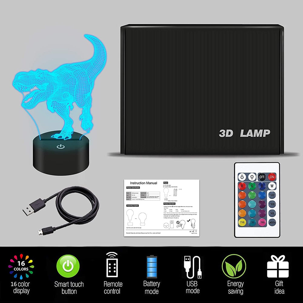 Lampe LED 3D série dinosaures, veilleuse avec télécommande.