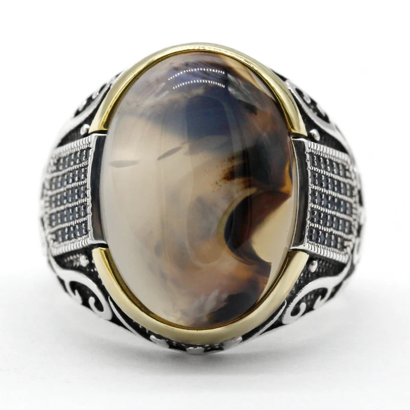 Bague argent 925 avec zircon bleu et pierre d'agate élégante.