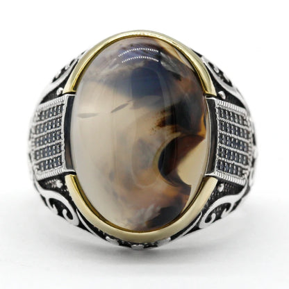 Bague argent 925 avec zircon bleu et pierre d'agate élégante.