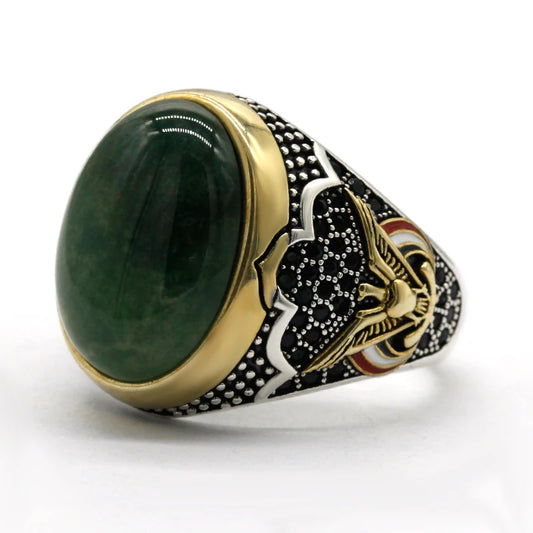 Bague homme argent 925 élégante avec pierre d'agate verte.