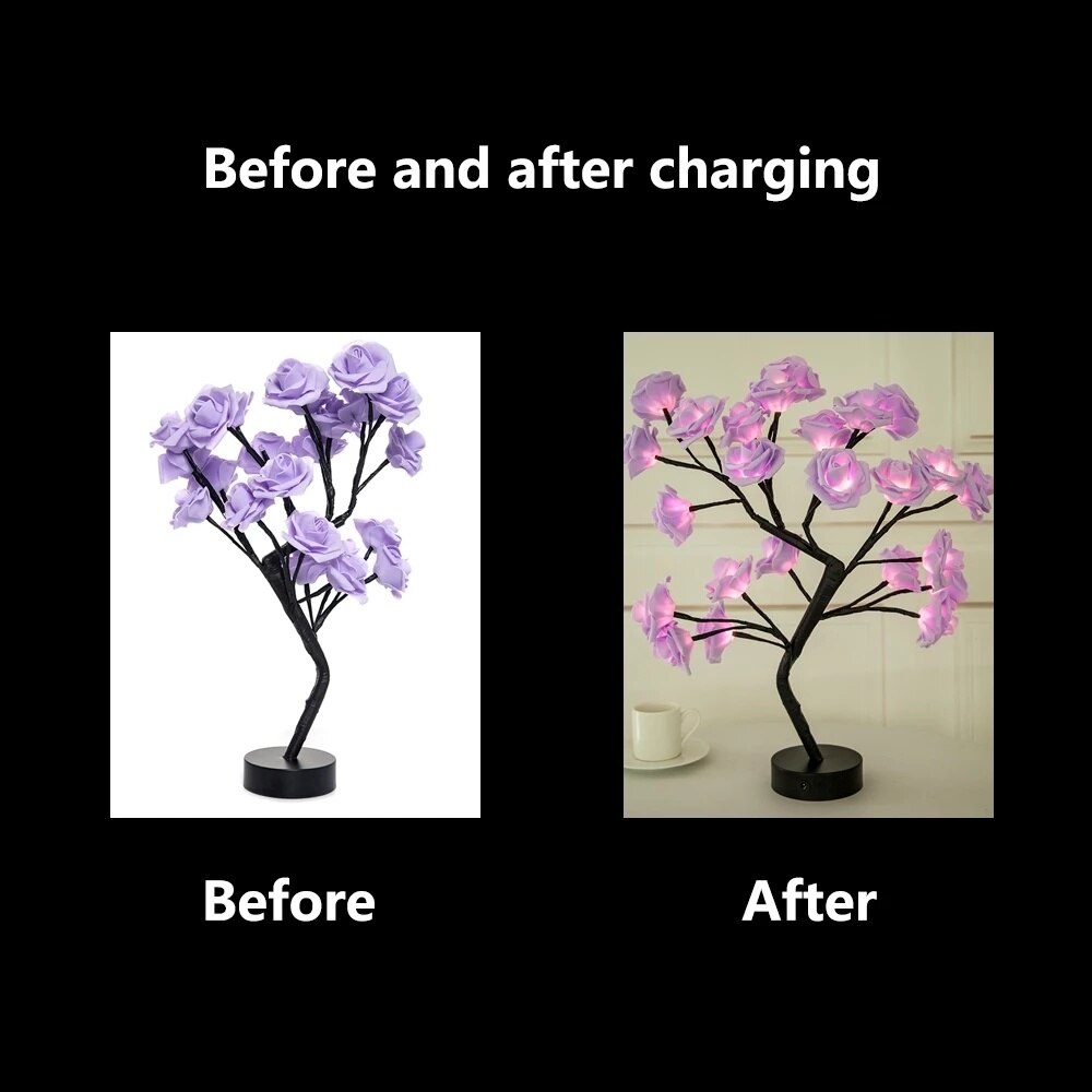 Lampe LED USB en forme d'arbre de roses artificielles.