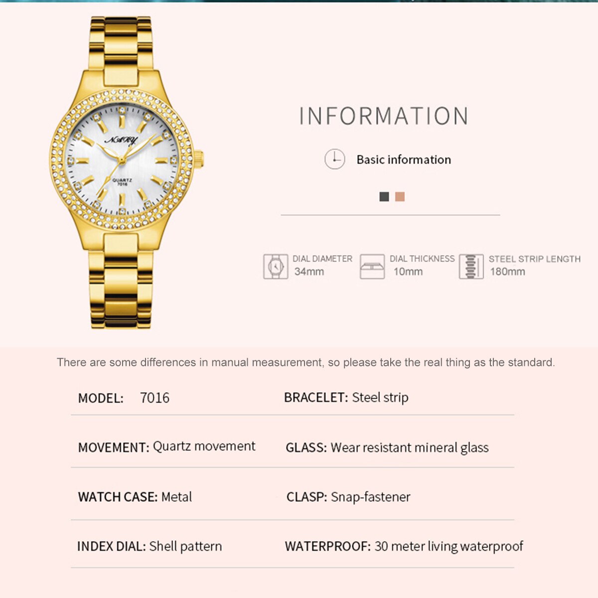 Montre élégante étanche pour femmes dorée décontractée.