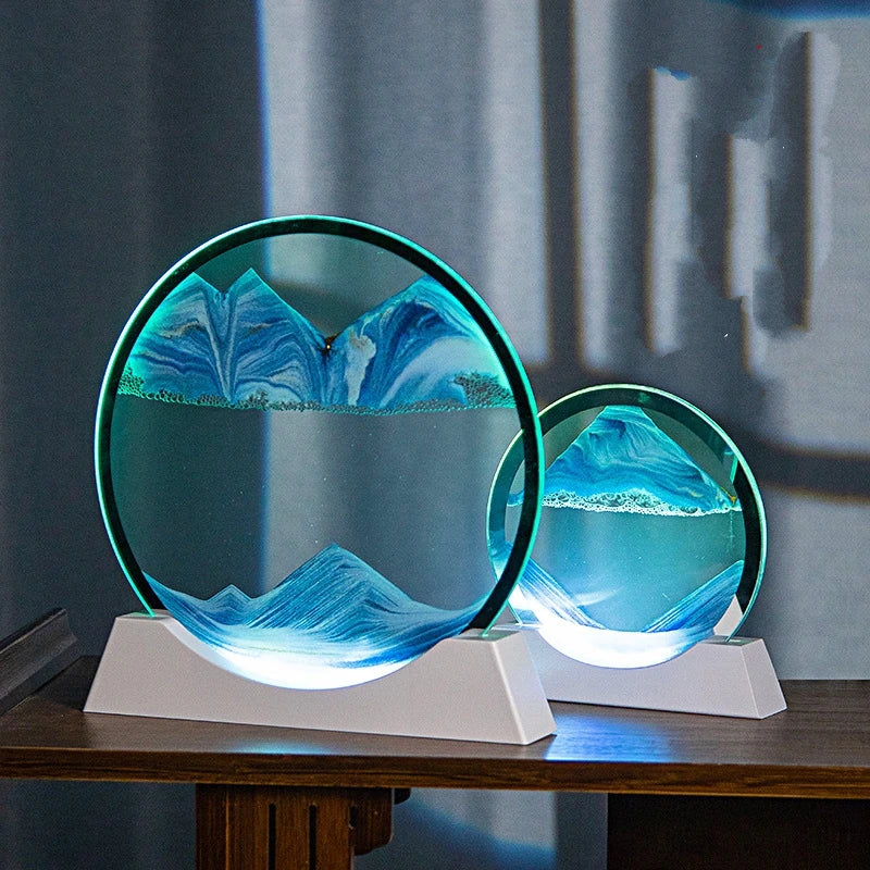 Lampe de table 3D en forme de sablier avec éclairage et sable mouvant.