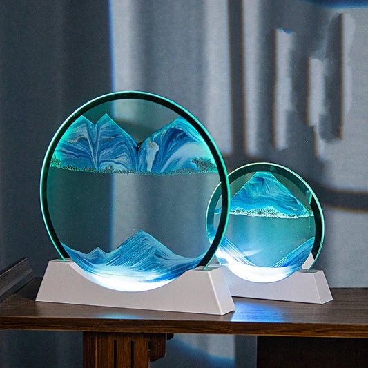 Lampe de table 3D en forme de sablier avec éclairage et sable mouvant.