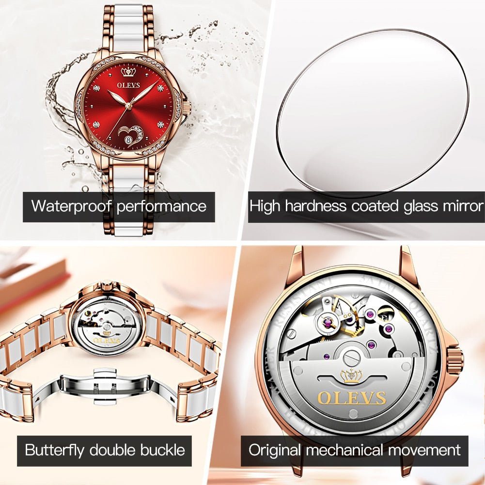 Montre mécanique auto pour femmes en céramique.